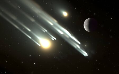Meteors or fragments satellite burn in the Earth's atmosphere. 3D rendering