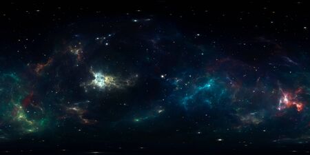 360 degree space background with nebula and stars, equirectangular projection, environment map. HDRI spherical panorama. 3d illustrationの写真素材