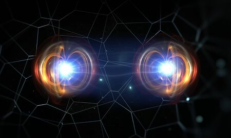 Particles, quantum entanglement (quantum correlation), quantum mechanics. 3d illustration