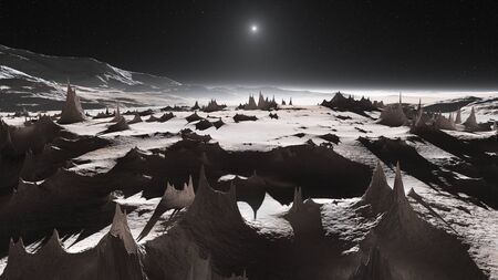 View of Plutoâ€™s mountains and icy plains. 3D illustration