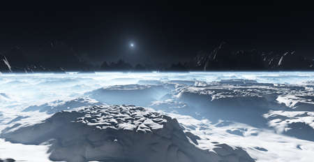 Alien moon landscape and great natural basins of liquid nitrogen. Landscape with ground mist. 3d...