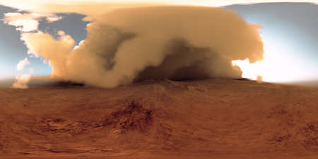 360 degree panorama of the massive dust storm sweeping across surface of Mars. Martian Landscape,...