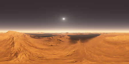 360 degree Martian dark plains and enormous dark sand dune. Equirectangular projection, environment...