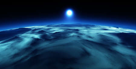 Extrasolar cryo volcanic planet or moon. High cryo-volcanic activity. 3d rendering