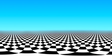 360 degree black and white checkered pattern on blue background, equirectangular projection,...