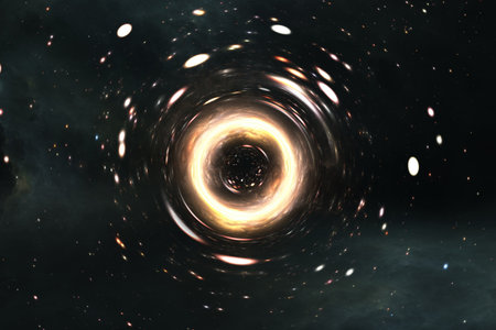 Supermassive black hole. Gravitational lensing effect. 3D illustration