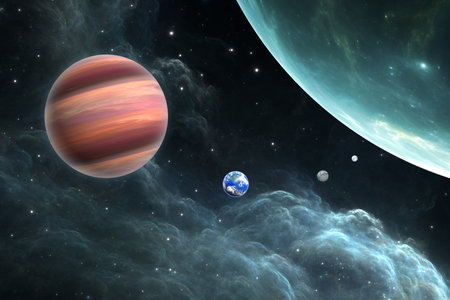 Planets outside our solar system. Exoplanets and exoplanetary systems, space background. 3d...