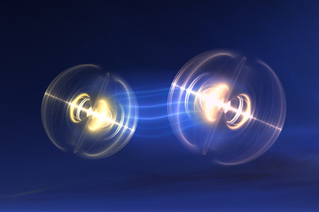 Particles, quantum entanglement (quantum correlation), quantum mechanics. 3d illustration