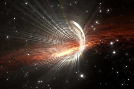 Interstellar space-time tunnel, journey to a distant galaxy. 3D illustrationの写真素材