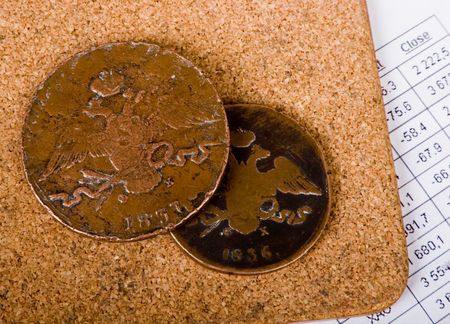 two old russian copper coins of 19 century on cork pad