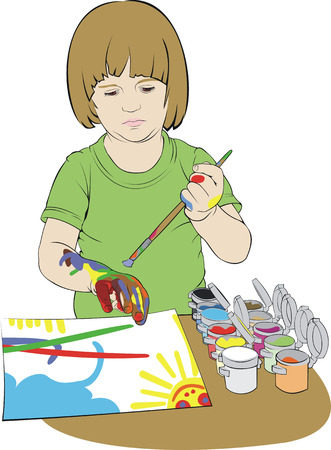 small girl painting with gouacheのイラスト素材
