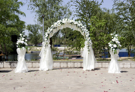 wedding place decoration with artificial flowersの写真素材