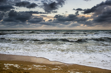 landscape of the sea in stormy weather under dense cloudsの写真素材