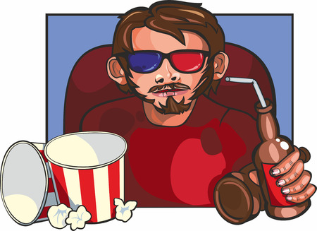 art illustration of young man in 3d glasses with beer and empty popcorn boxes sitting at cinema theatreのイラスト素材
