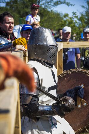 DNIPRO, UKRAINE - SEPTEMBER 9, 2017: a medieval knights tournament as part of historical festival 'Samar Dnipro Fest'のeditorial素材