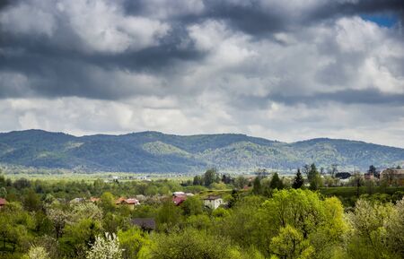 landscape of the carpathian mountains in the village Korchyn, national park Skolivski beskidy, Lviv...