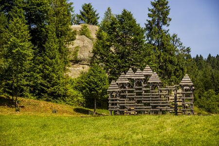 a wooden fortification for mevieval reenactments near the Tustan fortress place, archaeological and natural monument in Lviv region of Western Ukraineの写真素材