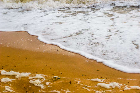 close-up of the sea foam crawling along the sandy shore of the beachの写真素材