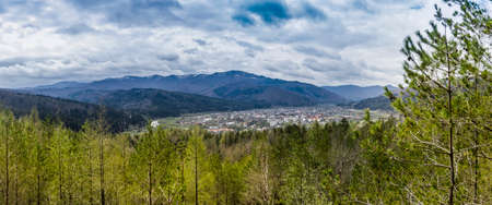 the panoramic aerial view of Skole town in Carpathian mountains, national park Skolivski beskidy, Lviv region of Western Ukraineの写真素材