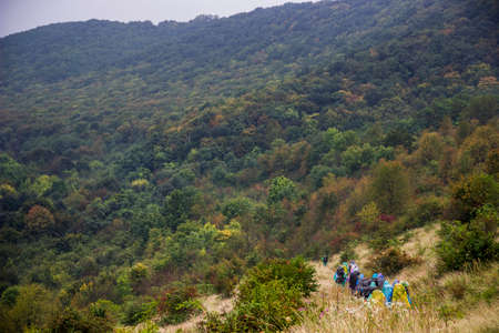 a group of hikers in National Nature Park Podilski tovtry, Khmelnytsky region of Ukraine