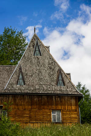 one wooden house of abandoned sanatorium in Ukrainian Carpathian, Lviv region of Ukraineの写真素材