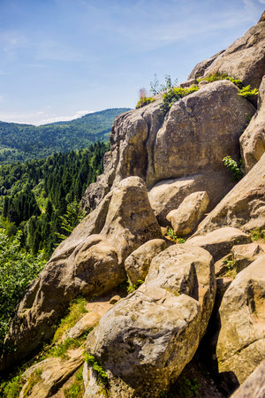 a rocks in place of Tustan fortress - a Medieval cliff-side fortress-city, archaeological and natural monument in Skole Beskids National Nature Park, Lviv region, Ukraineのeditorial素材