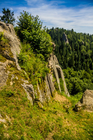 a rocks in place of Tustan fortress - a Medieval cliff-side fortress-city, archaeological and natural monument in Skole Beskids National Nature Park, Lviv region, Ukraineのeditorial素材