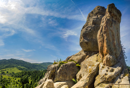 a rocks in place of Tustan fortress - a Medieval cliff-side fortress-city, archaeological and natural monument in Skole Beskids National Nature Park, Lviv region, Ukraineのeditorial素材