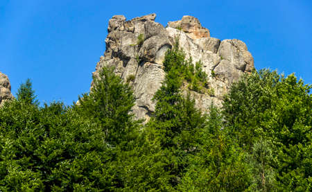 a rocks in place of Tustan fortress - a Medieval cliff-side fortress-city, archaeological and natural monument in Skole Beskids National Nature Park, Lviv region, Ukraineのeditorial素材