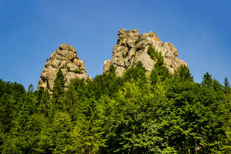 a rocks in place of Tustan fortress - a Medieval cliff-side fortress-city, archaeological and natural monument in Skole Beskids National Nature Park, Lviv region, Ukraineのeditorial素材