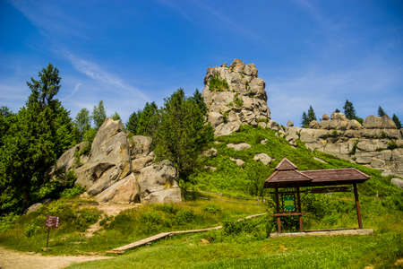 a rocks in place of Tustan fortress - a Medieval cliff-side fortress-city, archaeological and natural monument in Skole Beskids National Nature Park, Lviv region, Ukraineのeditorial素材