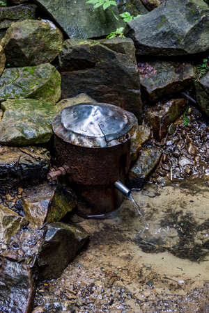 clear minerail water flows from the pipe into the Carpathian forest, Skole Beskids National Nature...