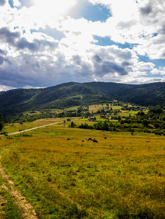 a rural landscape at Carpathian mountains, Skole Beskids National Nature Park, Lviv region of...
