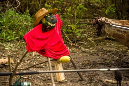 a primitive handmade scarecrow in red t-short standing in a river bankの写真素材