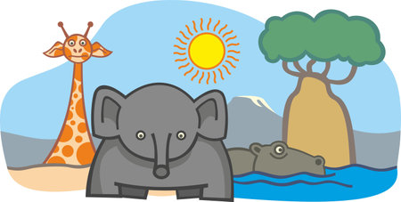 vector illustration of simple cartoon art of african elephant, giraffe and hippoのイラスト素材