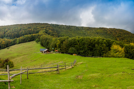 Polonyna Rosohata in Carpathian landscape, Hutsulshchyna National Park, Ivano-Frankivsk region, Ukraineの写真素材