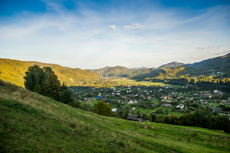 a rural landscape at carpathian mountains, Hutsulshchyna National Park, Ivano-Frankivsk region, Ukraineの写真素材