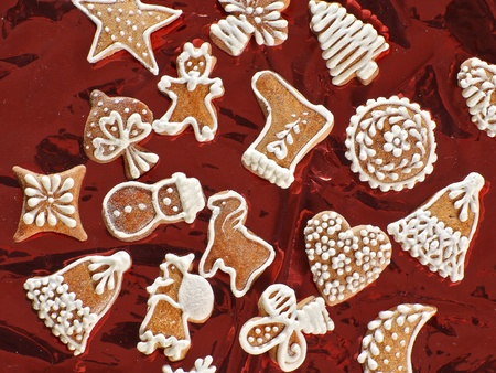 sweet christmas gingerbreads and red christmas decorationの写真素材