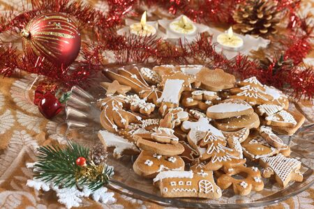 Plate full of Christmas gingerbreads - sweet foodの写真素材