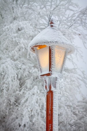 Bright shining snowy street lampの写真素材