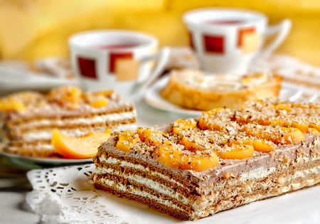 Delicious walnut cake dessert served on a table の写真素材