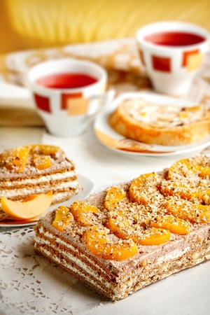 Delicious walnut cake dessert served on a table の写真素材