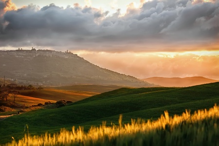 Tuscan landscape with the town of Montalcino in the backgroundの写真素材