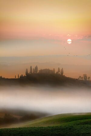 Scenic view of landscape by sunriseの写真素材