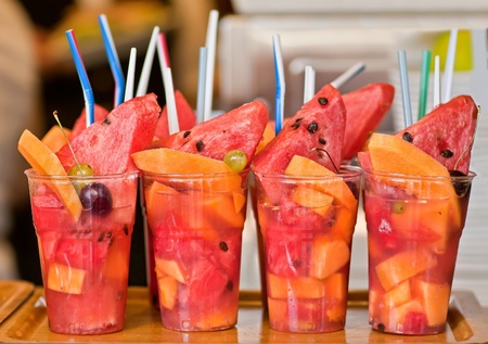 Refreshing watermelon dessert in cup with other fruitの写真素材
