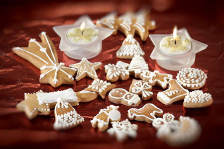 sweet christmas gingerbreads and red christmas decorationの写真素材