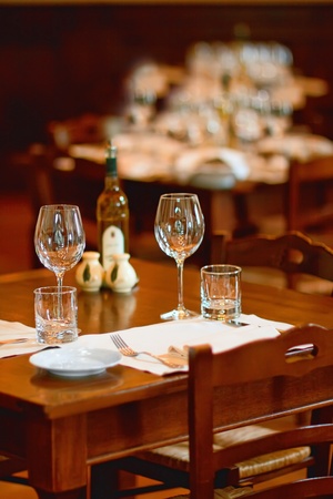 Wine glasses on a table in a restaurantのeditorial素材