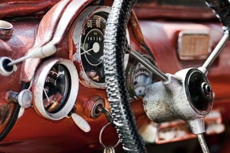 View of the interior of an old vintage car