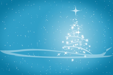 Abstract winter blue background, with stars, snowflakes and Christmas tree, illustration の写真素材