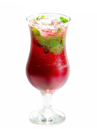 Red fruit juice ice cubes on a mintの写真素材